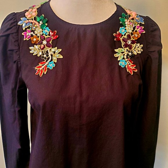 Gorgeous Colourful Bejewelled Applique Modest Blouse Black Long Puff Sleeve 8 - Picture 2 of 9